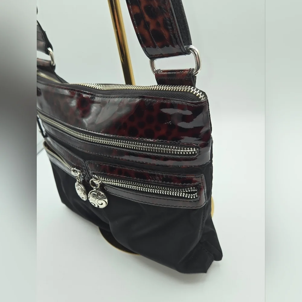 BRIGHTON Nylon Crossbody Black Bag Tortoise Shell Print Strap